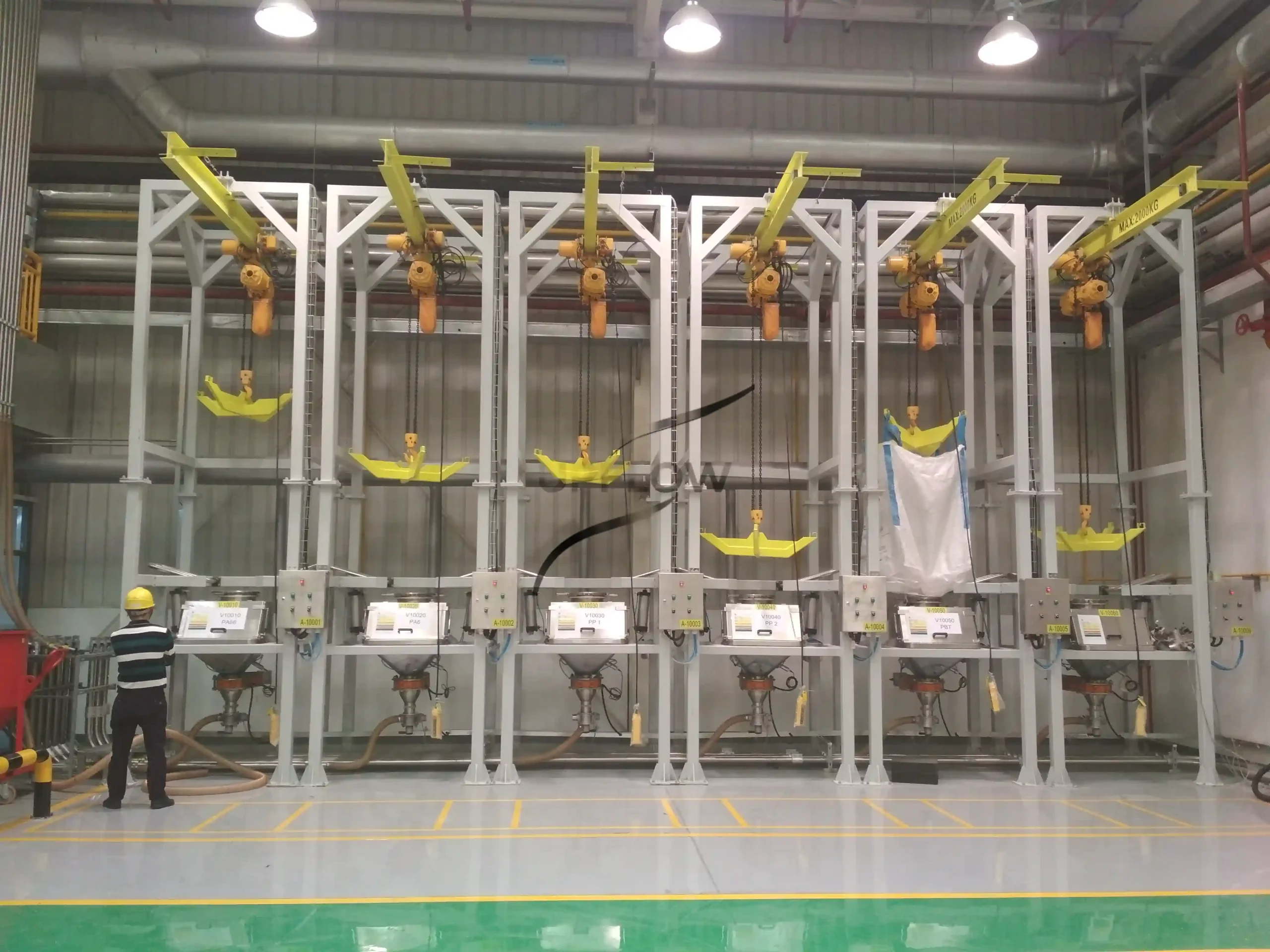 Big bag discharging station for powder and granule materials