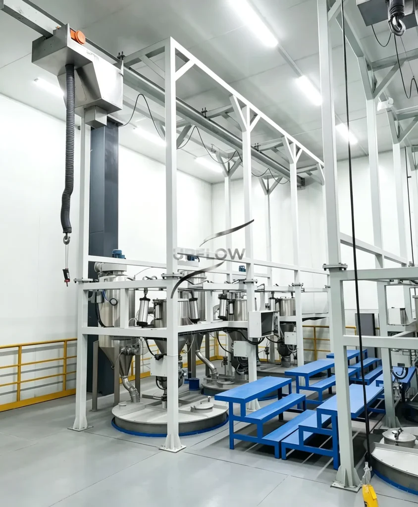 Battery material FIBC bag discharge system for powder feeding application