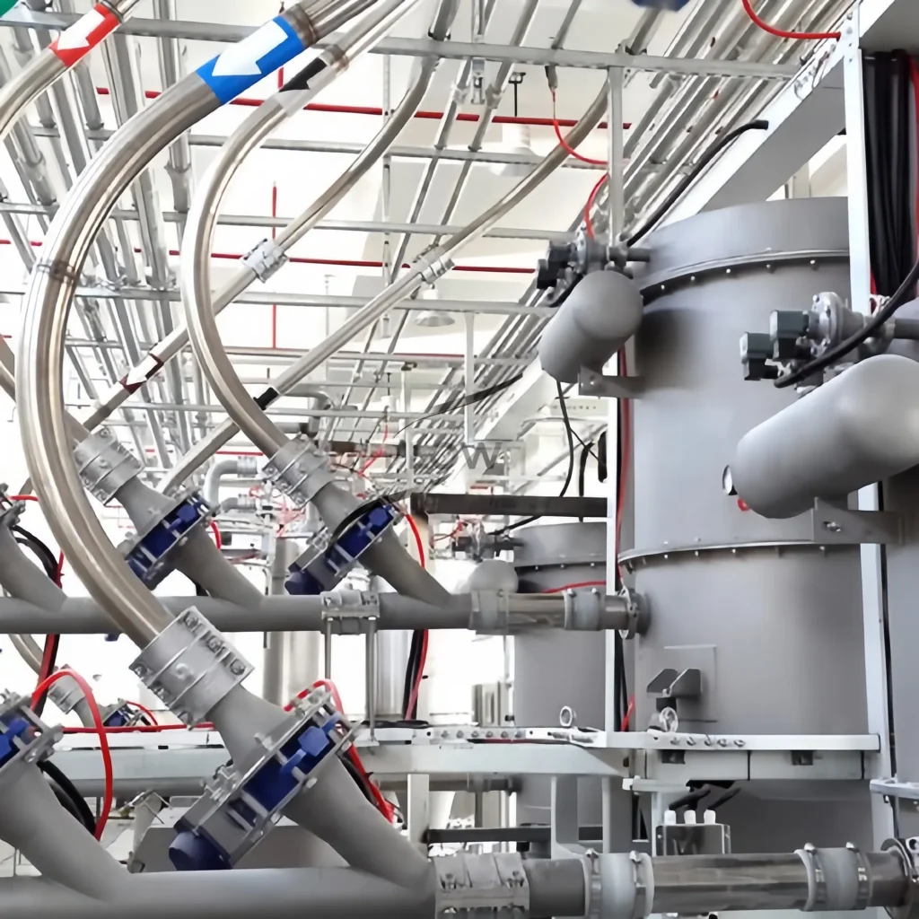 API powder pneumatic conveying system transporting active pharmaceutical ingredient powder through an enclosed stainless steel pipeline
