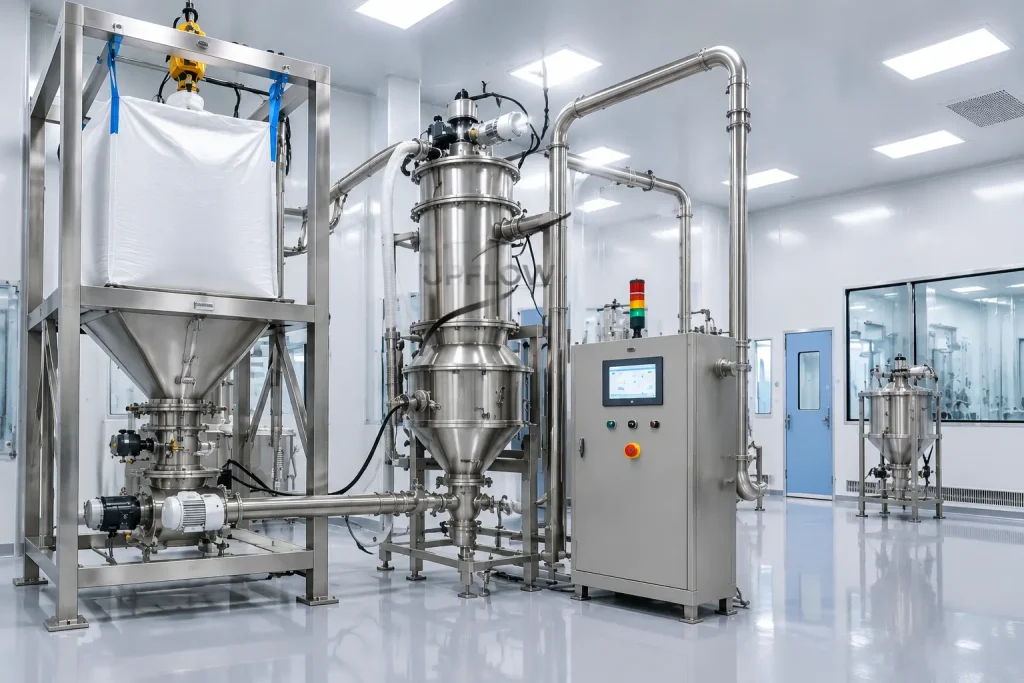 MCC pharmaceutical excipient powder handling system using vacuum conveying technology