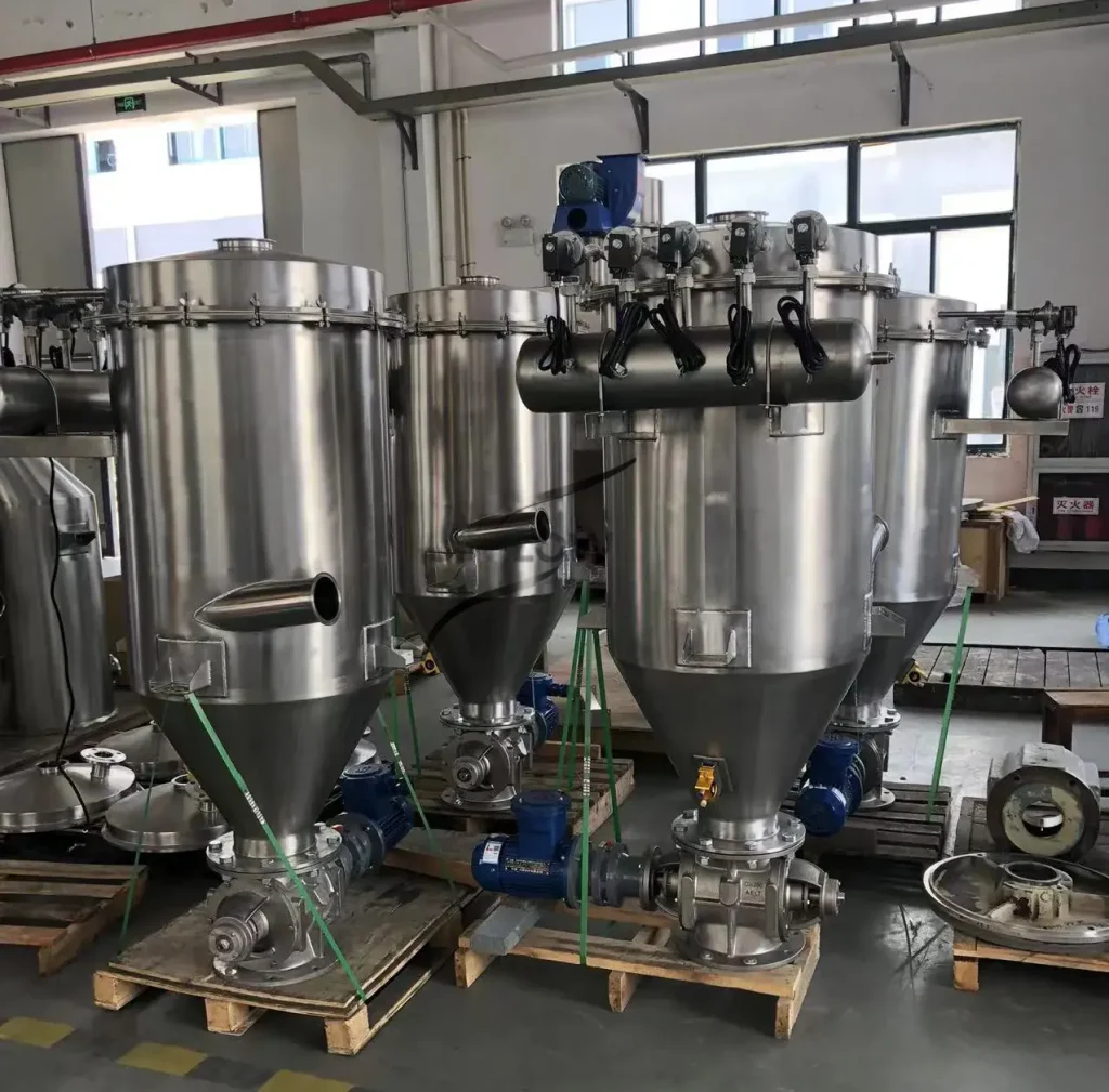 Protein powder pneumatic conveying system transferring pharmaceutical protein powder through an enclosed stainless steel pipeline