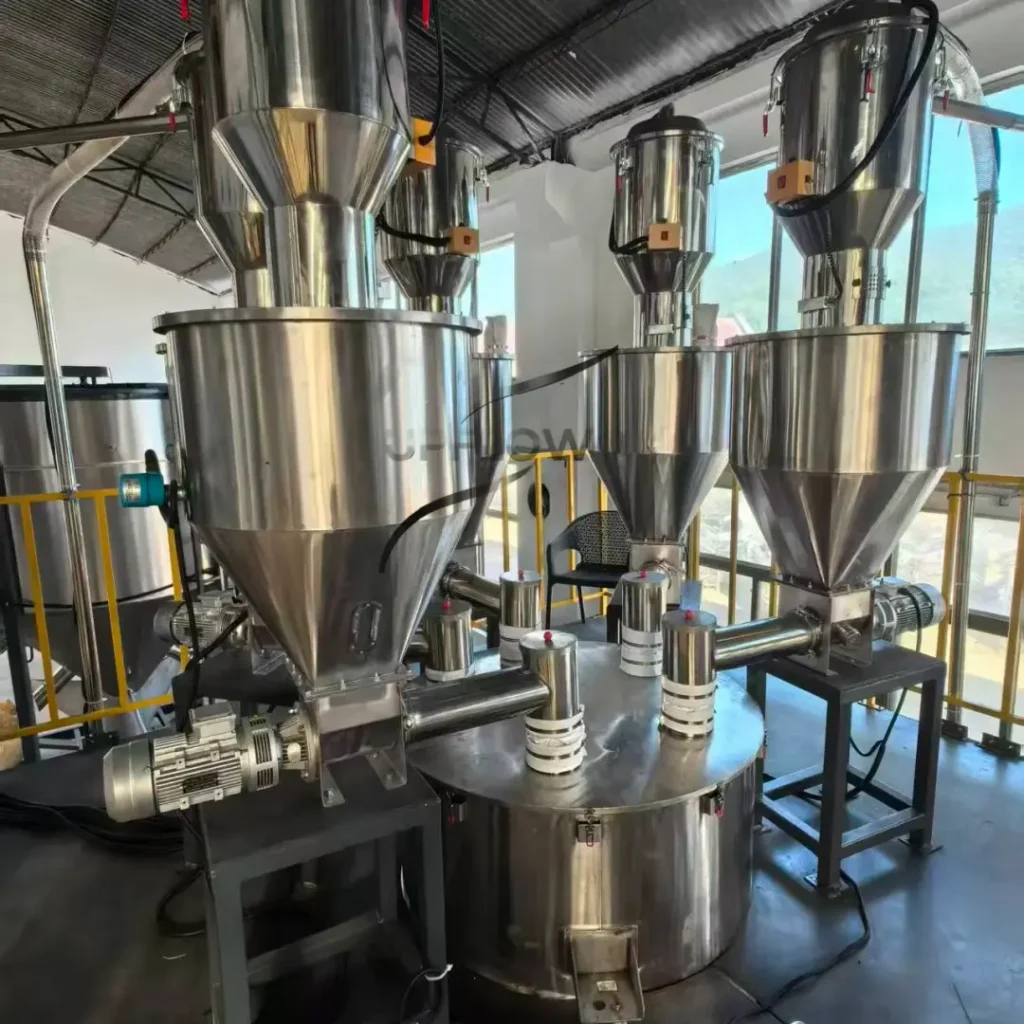 Traditional Chinese Medicine powder pneumatic conveying system transporting herbal pharmaceutical powder through an enclosed stainless steel pipeline